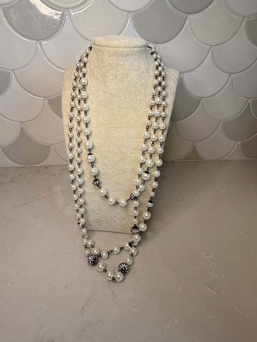 White House Black Market Layered Three Strand Beaded Faux Pearl Chain Necklace